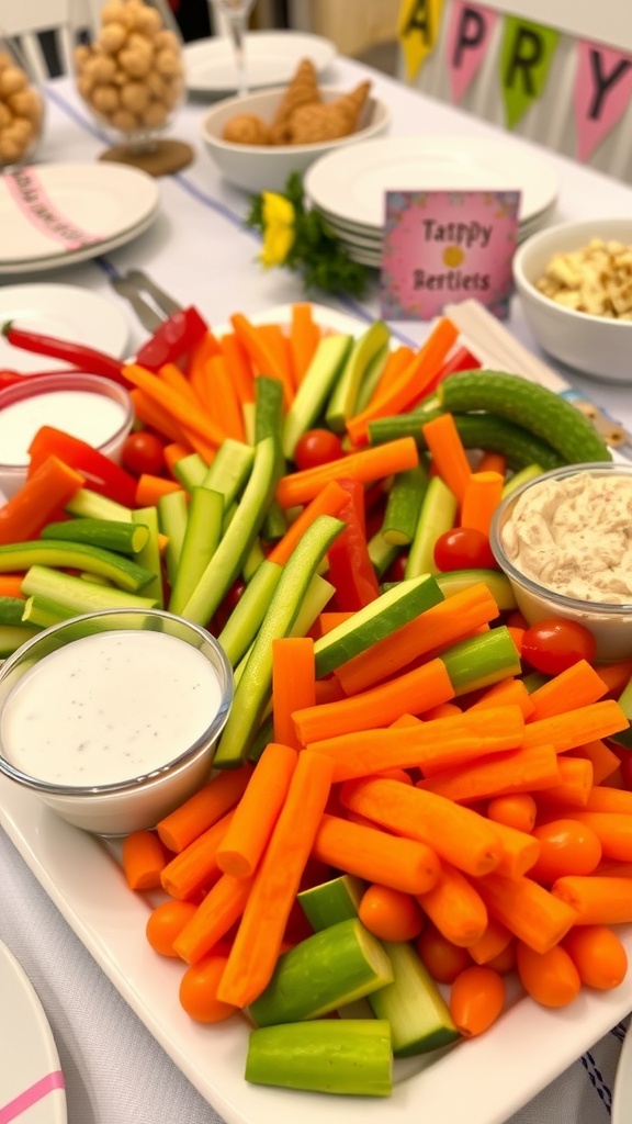 A vibrant vegetable platter with bell peppers, cucumbers, carrots, and tomatoes served with ranch and hummus dips.